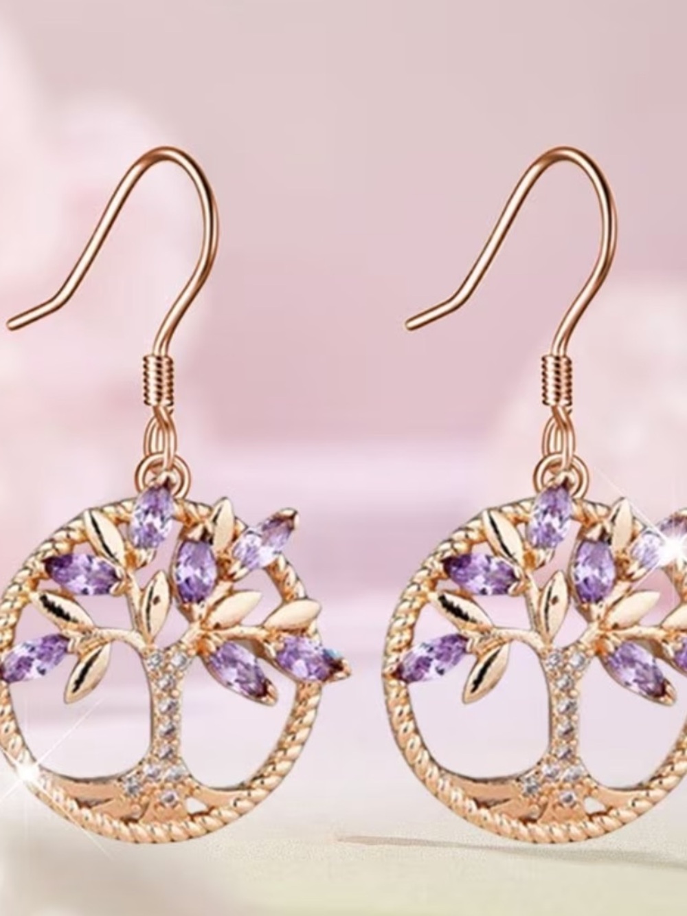 Rose Gold Tree of Life Drop Earrings with Lavender Stones